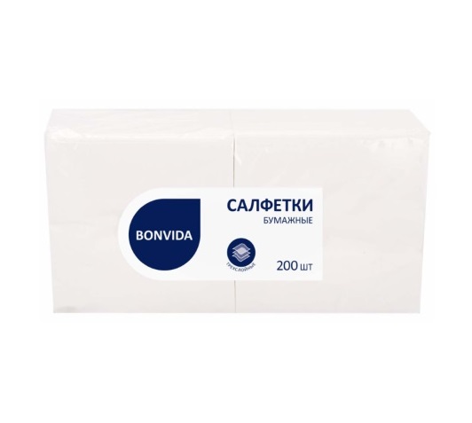 Салфетки бумажные 3 сл 33х33 200л белые Bonvida Салфетки бумажные 3 сл 33х33 200л белые Bonvida